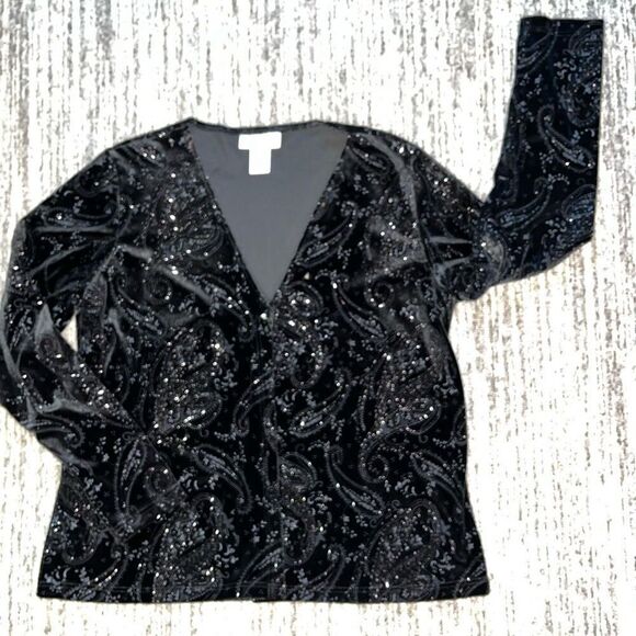 MaxiMa Women’s Size Medium Vintage Paisley Print‎ Sparkle Cardigan Sweater Black - Picture 1 of 9